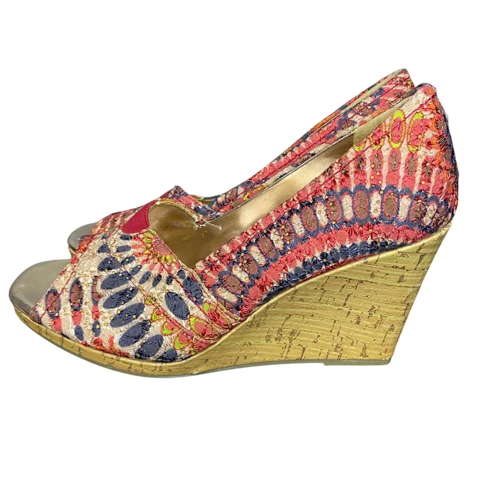 Faded Glory Women Boho Embroidered Peep Toe Cork Wedge Heels‎ Multicolor Size 8